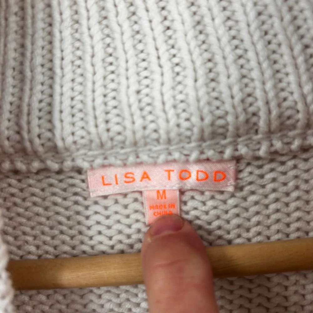 Anthropologie Lisa Todd Love Is Back Cream Heart Patch Mock‎ Neck Zip Sweater  M